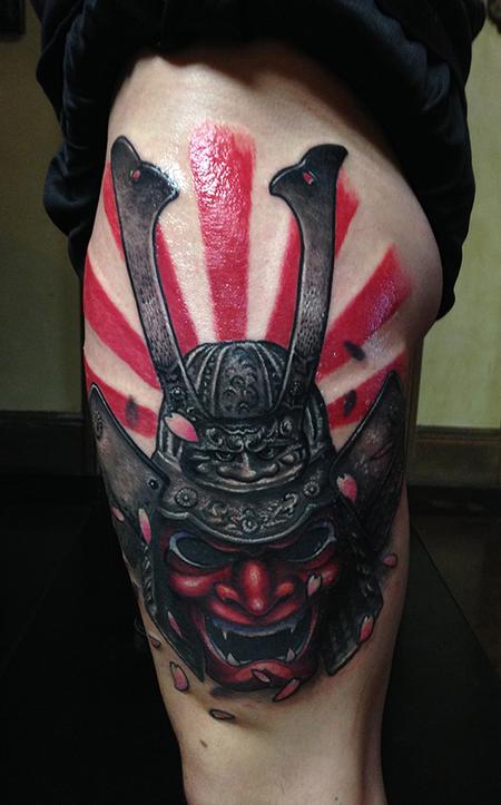 Tattoos - Samurai Helmet Rising Sun Tattoo - 87410